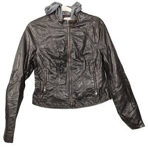Levis Faux Leather Moto Jacket Hoodie Womens Medium Dark Brown Hooded Distressed